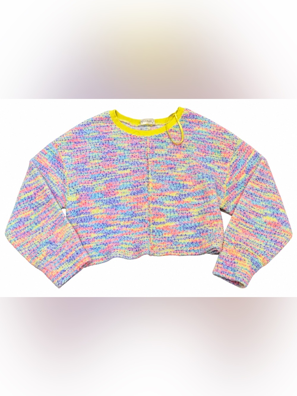 Multicolor Cropped Crewneck Sweater with Yellow Trim